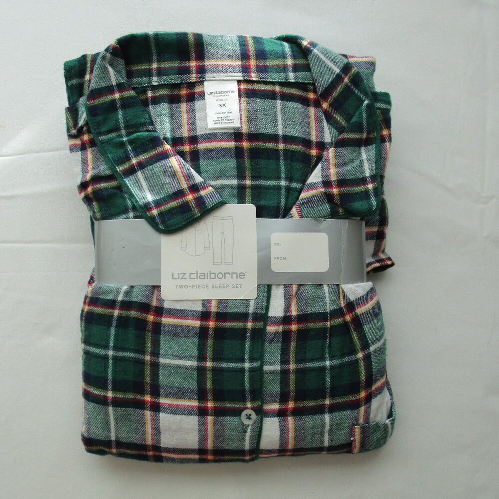 NEW Liz Claiborne 100% Cotton Flannel Pajamas 3X - green/navy blue plaid